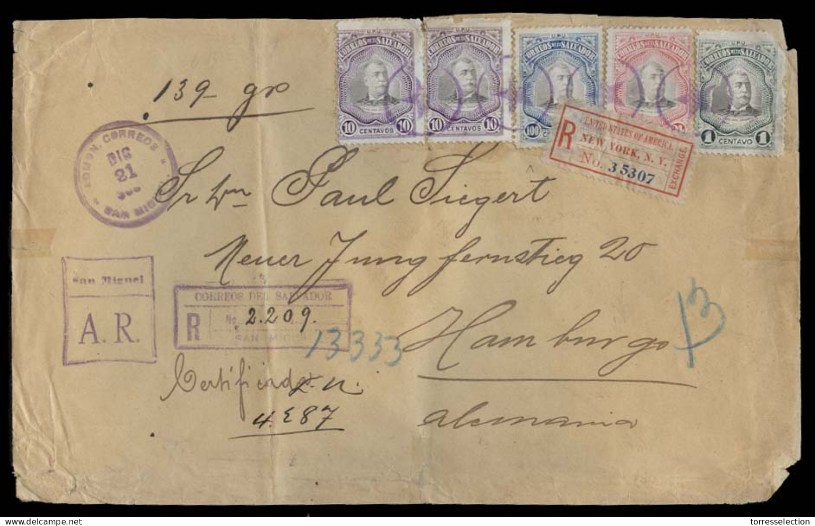 SALVADOR, EL. 1907 (21 Dec). San Miguel - Germany. Reg AR Multifkd Env Incl 24cc + 100c. Scarce Top Value. - El Salvador