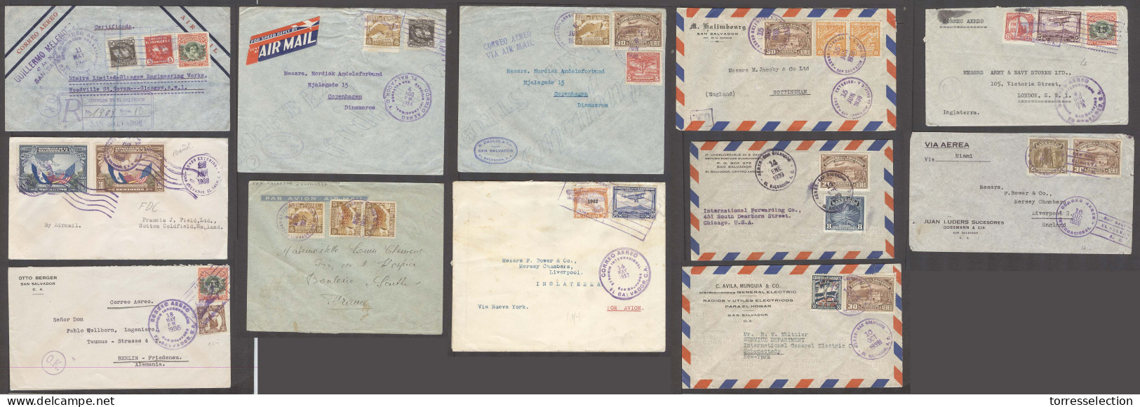SALVADOR, EL. 1932-9. Selection Of 12 Better Multifkd Env Airmail To Diff Overseas Mostly European. Some Reg Ok Aus Pmks - El Salvador