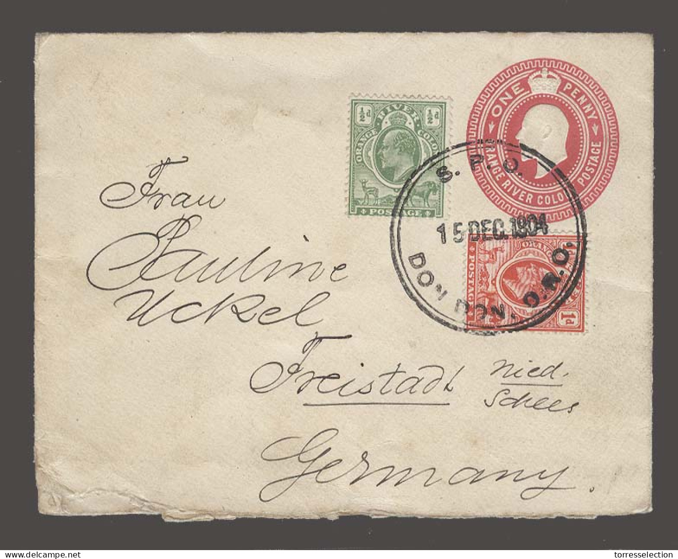 SOUTH AFRICA. 1904 (15 Dec). SPO / Don Don - Germany (9 Jan 05). 1d Red Stat Env 1/2d 1d Adtl Stamps. Large Type Cds Spe - Altri & Non Classificati