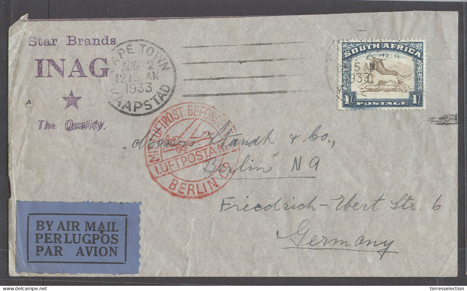 SOUTH AFRICA. 1933 (2 Aug). Capetown - Germany, Berlin (11 Aug). 1sh Fkd Air Env Air German Red Luftpost Cachet. Fine. - Altri & Non Classificati