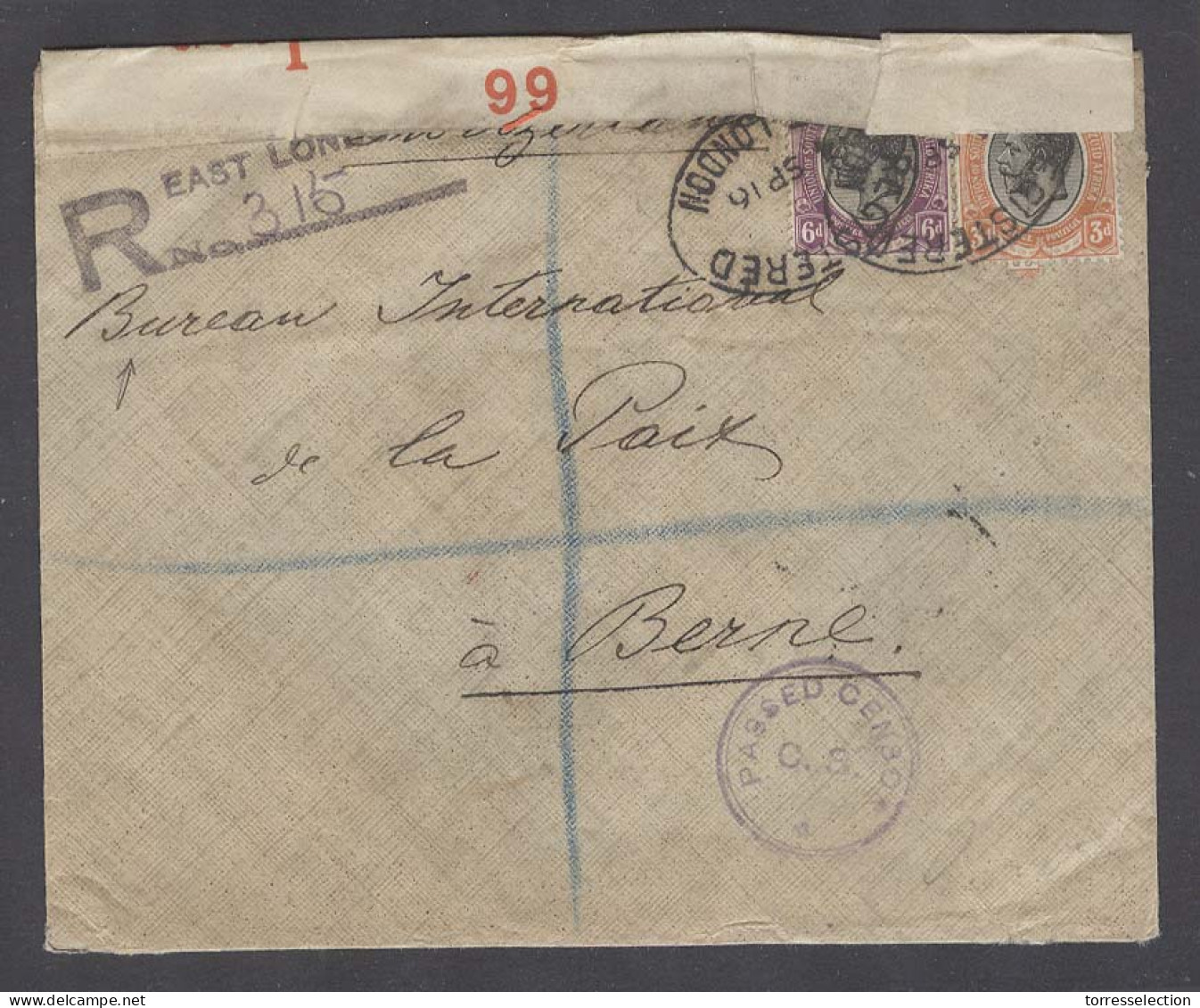 SOUTH AFRICA. 1916 (4 Sept). East London - Switzerland (5 Oct). Reg Fkd Soble Censored Cachet Label Env 9d Rate R Violet - Altri & Non Classificati