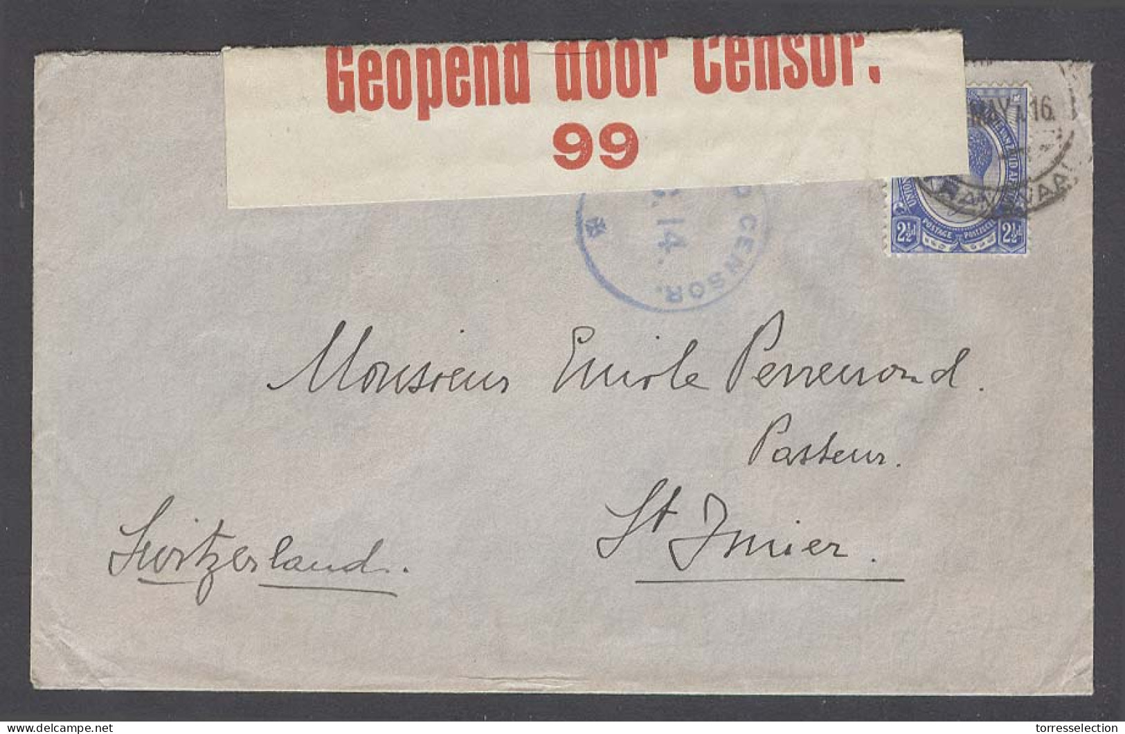 SOUTH AFRICA. 1916 (8 May). Transvaal - Switzerland (10 June). Fkd 2 1/2 Blue Strip Censored Tied Cds. Fine. - Altri & Non Classificati