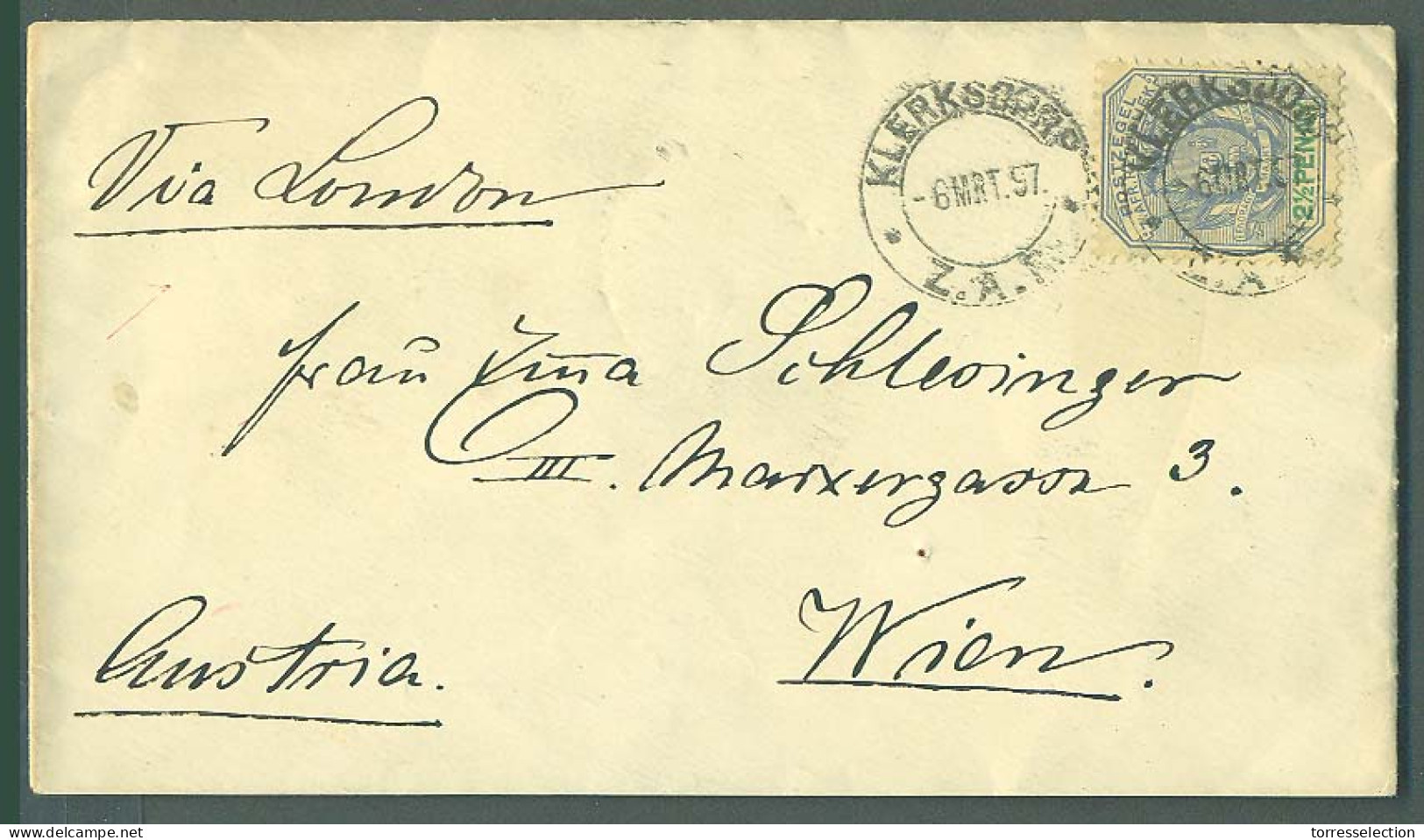 SOUTH AFRICA. 1897 (6 March). ZAR. Klerksdorf - Austria (29 March). Fkd Env 2 1/2d Cds. Via London. Fine. - Altri & Non Classificati