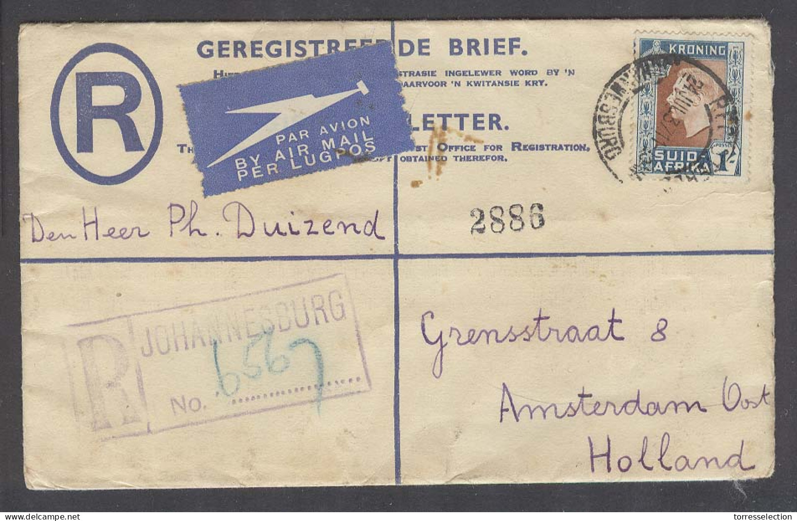 SOUTH AFRICA. 1937 (24 July). Joburg - Netherlands. Reg 4d Blue Stat Env Airmail Service Adtl 1sh Stamp. - Altri & Non Classificati