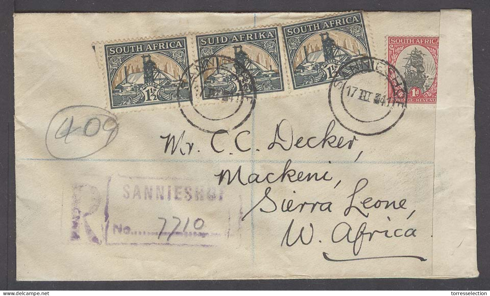 SOUTH AFRICA. 1941 (17 March). Sannieshof - Mackeni - Sierra Leone (3 April). W Africa Reg Censored Env 5 1/2d Rate. Arr - Altri & Non Classificati