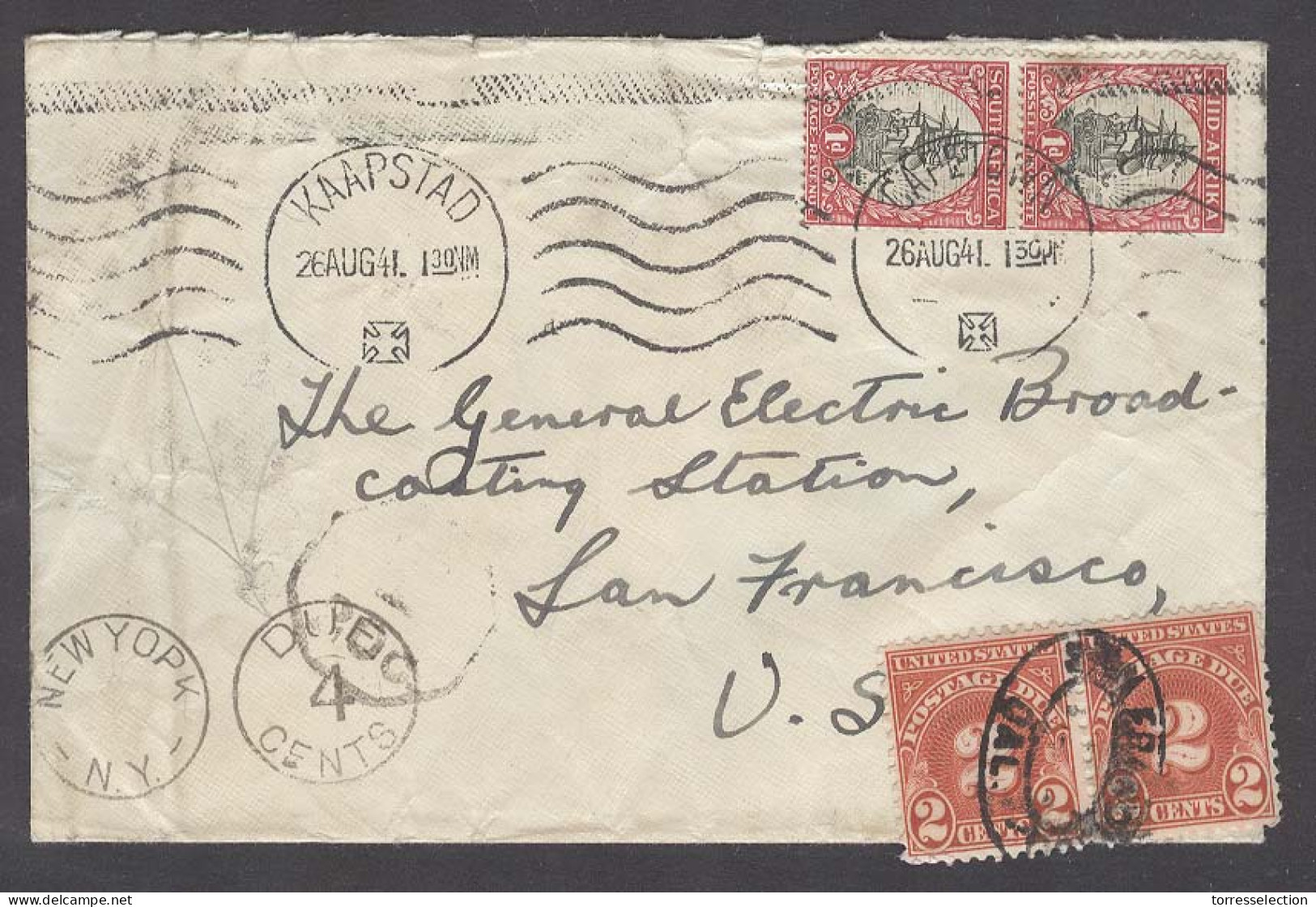 SOUTH AFRICA. 1941 (26 Aug). Kaapstad - USA / SF. Via NY 2d Fkd Env + Taxed US Pdues 2c Pair Tied Oval Town Name Cancel. - Sonstige & Ohne Zuordnung