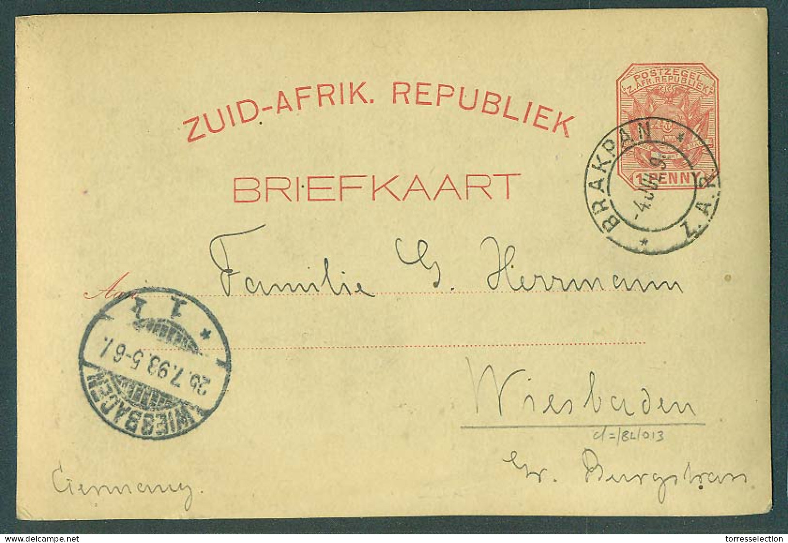 SOUTH AFRICA. 1898 (4 July). ZAR. Brakpan - Germany / Wiesbaden (25 July). 1d Red Stat Card With Real Photo On Reverse.  - Sonstige & Ohne Zuordnung