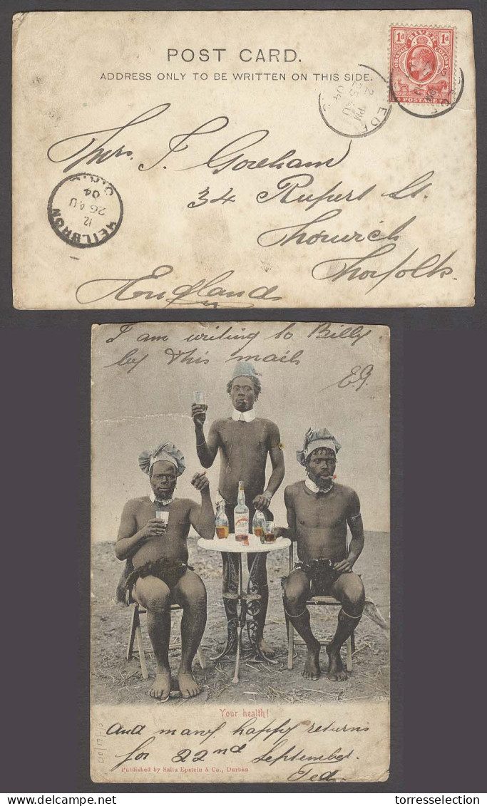 SOUTH AFRICA. 1904 (25 Aug). Edef - Heilbron - UK. Fkd Blacks Drinking Dewars Whiskey Postcard. 1d. - Sonstige & Ohne Zuordnung
