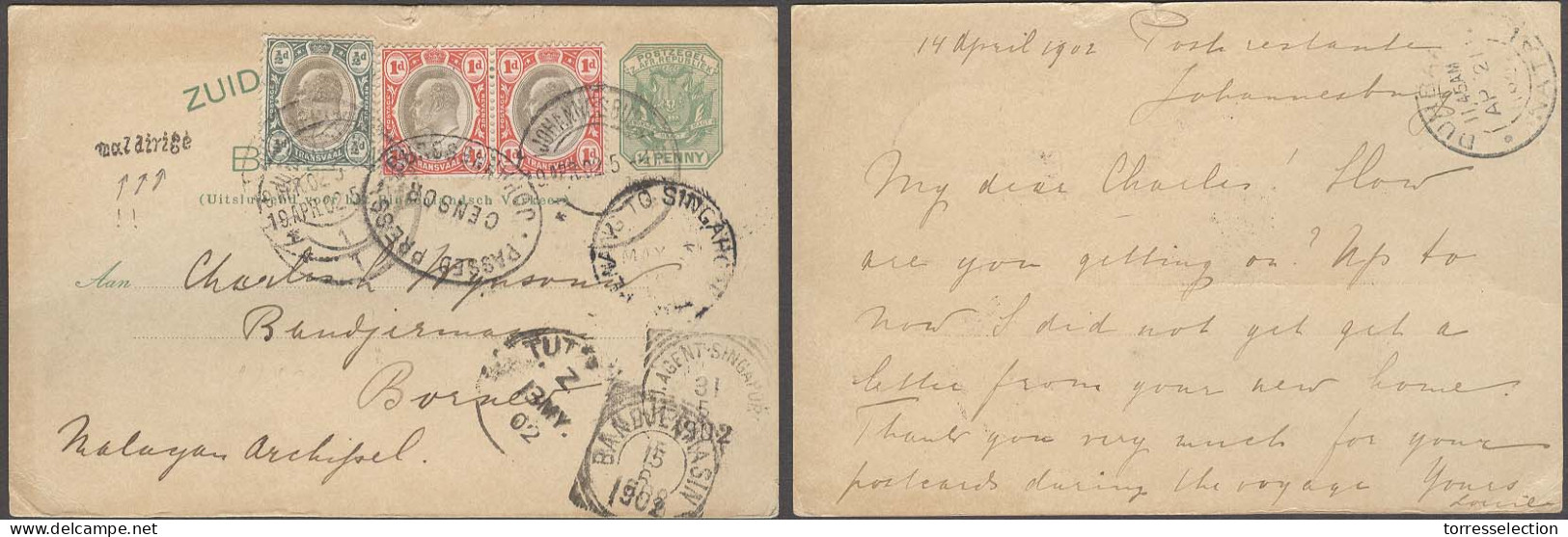 SOUTH AFRICA. 1902 (10 April). ZAR + Transvaal Comb Joburg - Borneo / Malayan Archipel (15 June). 66 Days Transit 1/2d G - Sonstige & Ohne Zuordnung