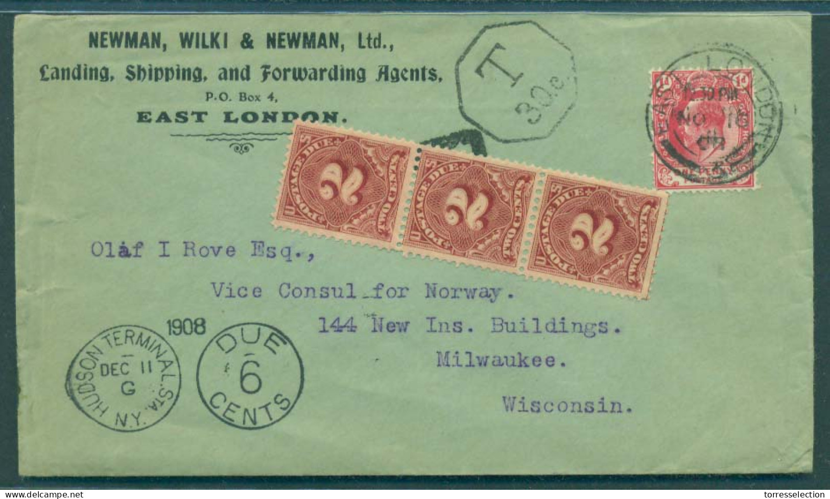 SOUTH AFRICA. 1908 (16 Nov). East London - USA. Ilustrated Taxed Fkd Env Single 1d + 6c US P Due 2c (x3) Cpplied. Severa - Sonstige & Ohne Zuordnung