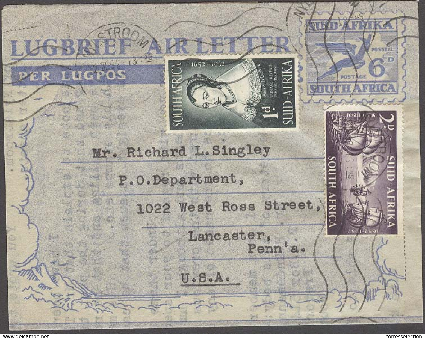 SOUTH AFRICA. 1952 (2 March). Nylstroom - USA. 6d Air Letter Sheet Stat + 2 Adtls / Tied. Fine. - Sonstige & Ohne Zuordnung