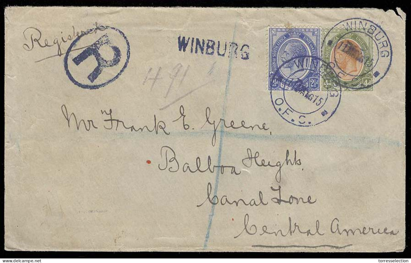 SOUTH AFRICA. 1915 (11 May). Winburg / OFC - Canal Zone / Central America (24 June). Reg Fkd Env / 6 1/2d Rate. Via Lond - Altri & Non Classificati