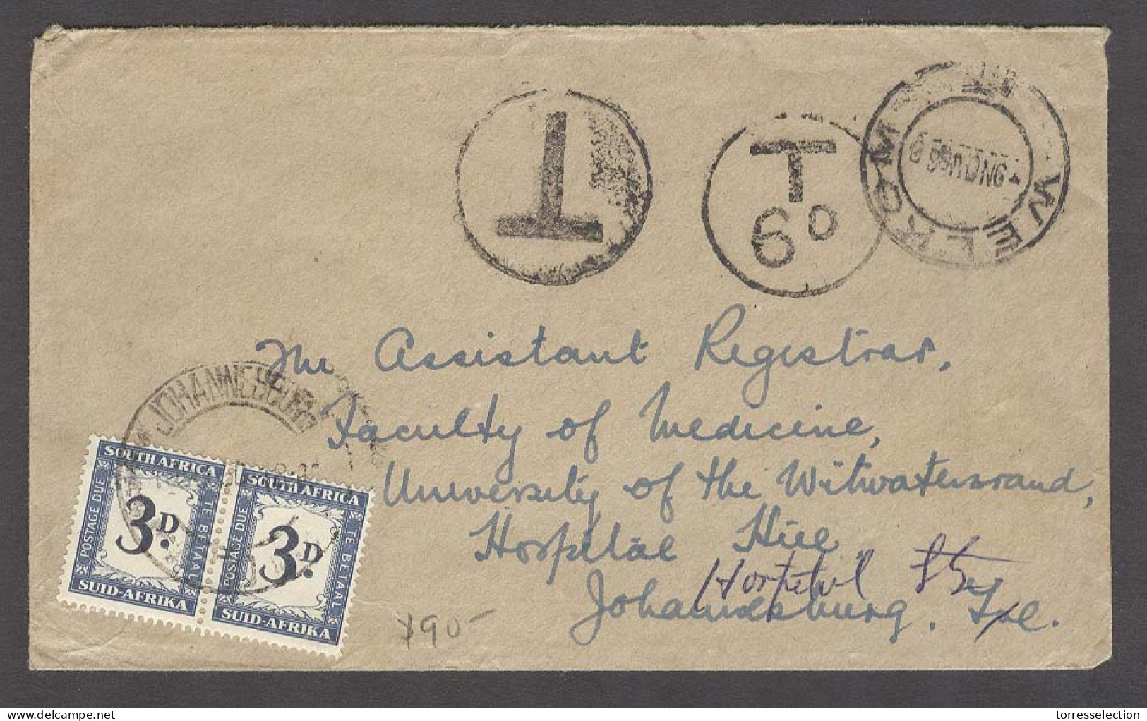 SOUTH AFRICA. 1938 (8 Nov). Welkom - Johannesburg. Unfkd Taxed Env T-6d Aux Mark P Dues Tied 3d Pair. Owner Paid 90$ Lon - Sonstige & Ohne Zuordnung