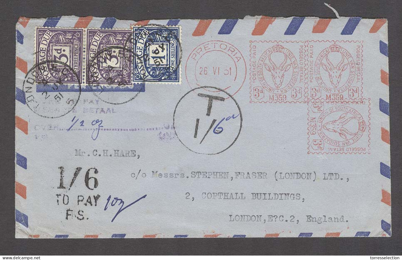 SOUTH AFRICA. 1951 (26 June). Pretoria - UK. Machine Fkd Env Taxa / 3 Aux Pmk + GB 3 P Dues, Tied 7d Rate VF Appealing I - Sonstige & Ohne Zuordnung