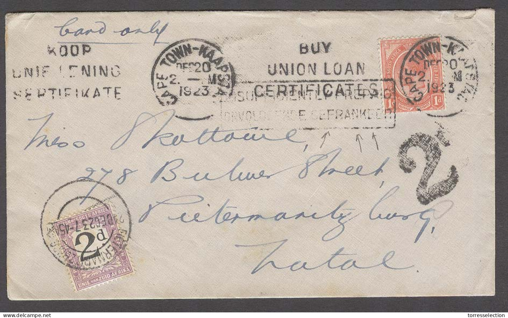 SOUTH AFRICA. 1923 (20 Dec). Cape Town - Natal / Pietermaritzburg. Fkd Env Slogan Cancel Taxed 2d + P Due Tied 2d On Fro - Sonstige & Ohne Zuordnung