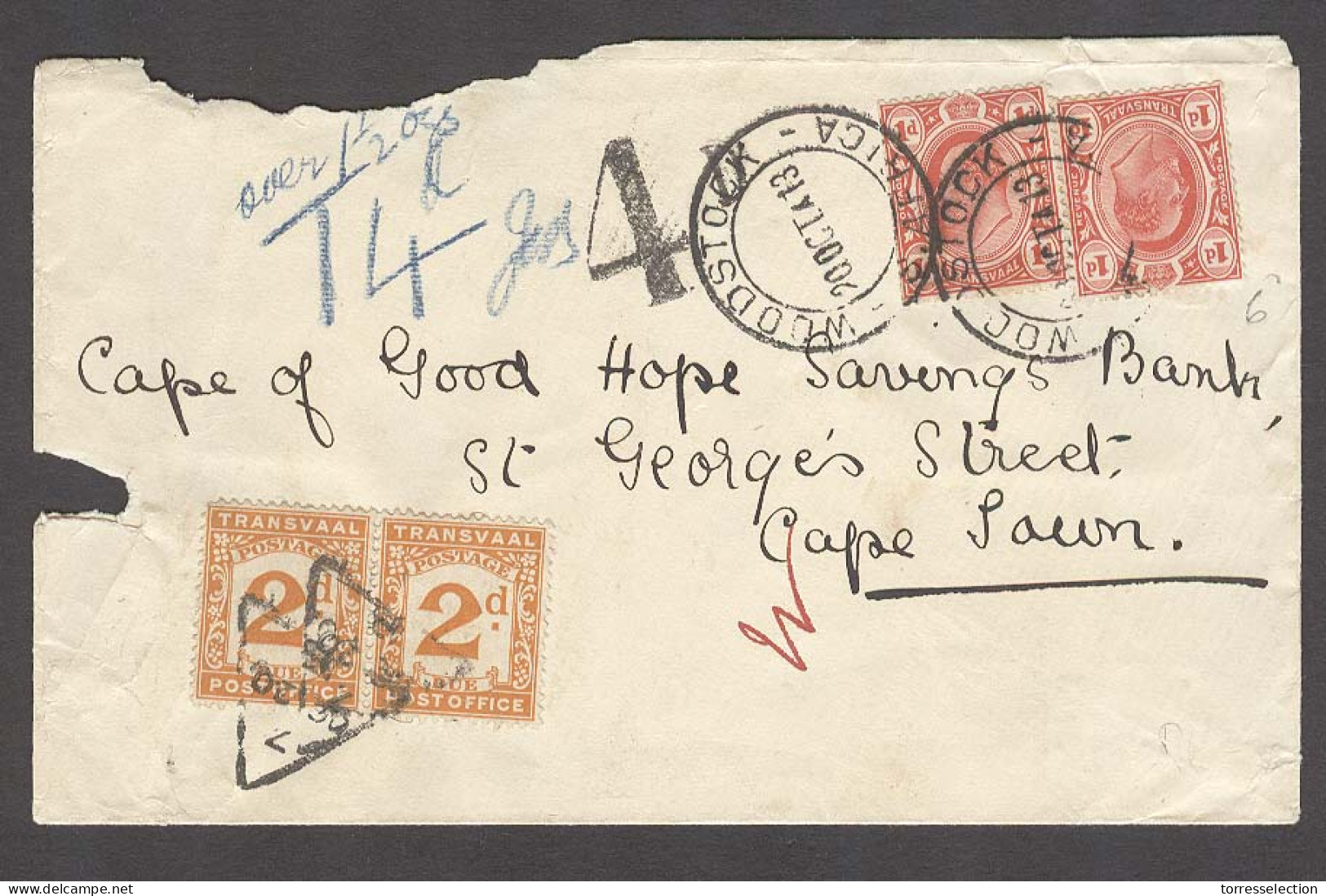 SOUTH AFRICA. 1913 (20 Oct). Transvaal. Woodstock - Capetown. Fkd Env Taxed + 2d P Due Tied Pair All On Front. Scarce +  - Altri & Non Classificati