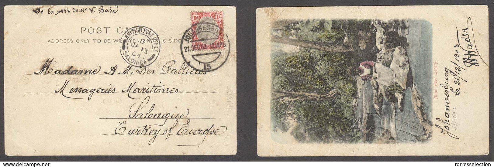 SOUTH AFRICA. 1903 (21 Dec). Tranvaal. Johannesburg - Turkey / Salonique. Fkd Env Card + Arrival BPO. Reverse Natal Rive - Altri & Non Classificati