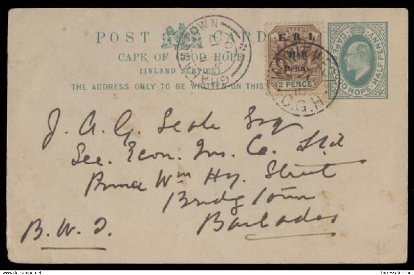 SOUTH AFRICA. 1910 (17 Sept). Port Alfred / CGH - Barbados / B West - Comercial Usage 1/2d Green CGH Stat Card + Adtl. E - Sonstige & Ohne Zuordnung