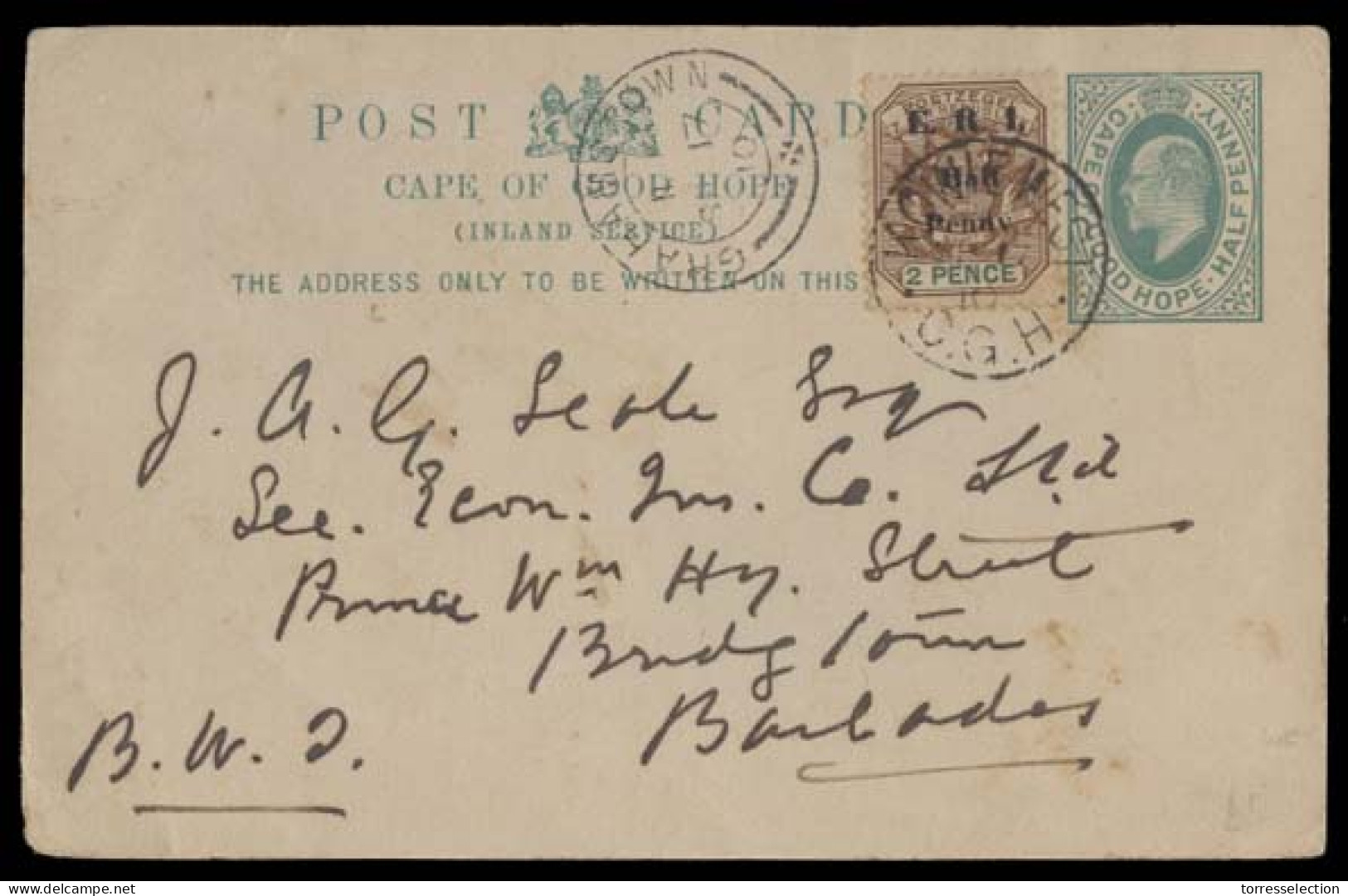 SOUTH AFRICA. 1910 (17 Sept). Port Alfred / CGH - Barbados / B West - Comercial Usage 1/2d Green CGH Stat Card + Adtl. E - Other & Unclassified