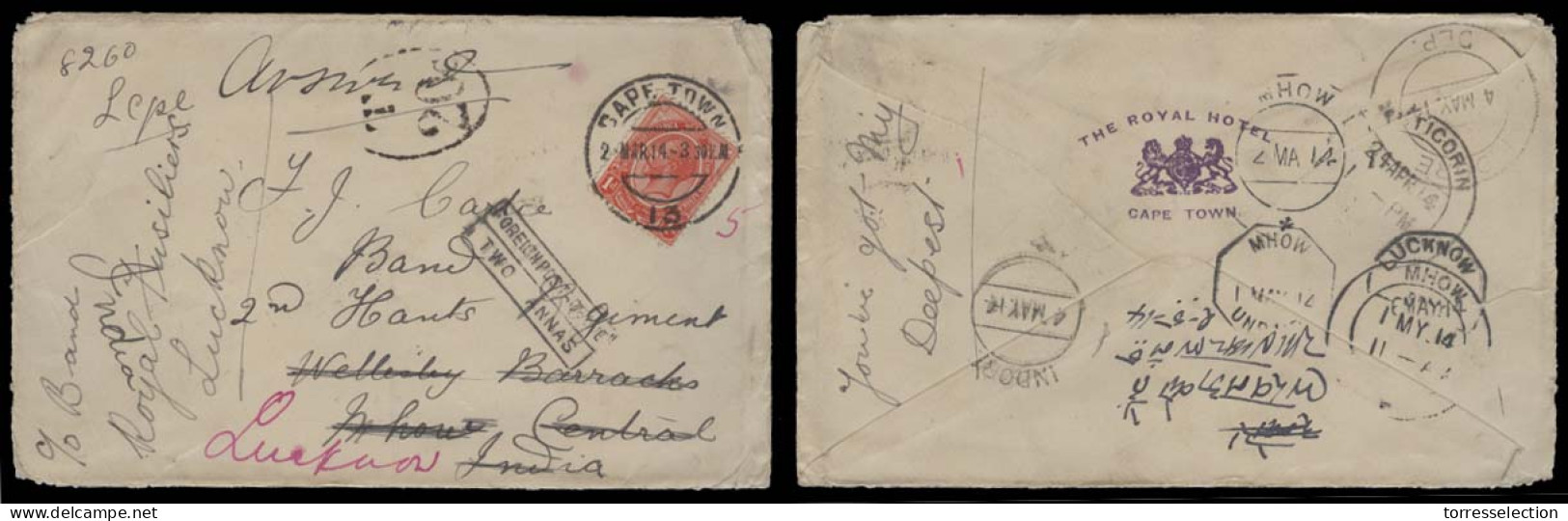 SOUTH AFRICA. 1914 (2 March). Capetown - Mhow / India, Fwded Luckow. Fkd Env / 1d + Taxed + India P Due Mark. Several Tr - Sonstige & Ohne Zuordnung