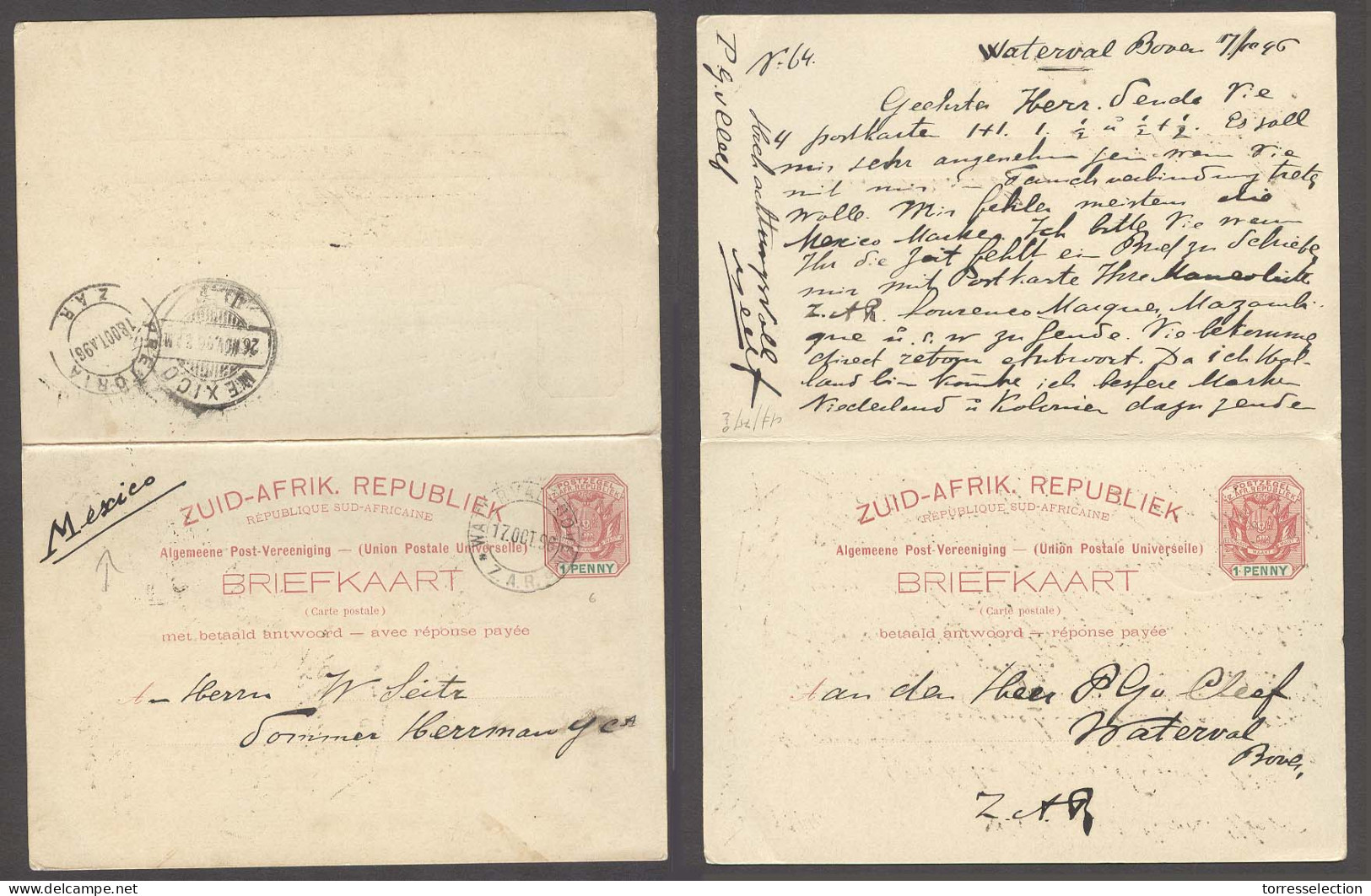 SOUTH AFRICA. 1896 (7 Oct). ZAR. Waterval Boven - Mexico (26 Nov). Via Pretoria. Doble Stat Card With Full Message + Tra - Sonstige & Ohne Zuordnung