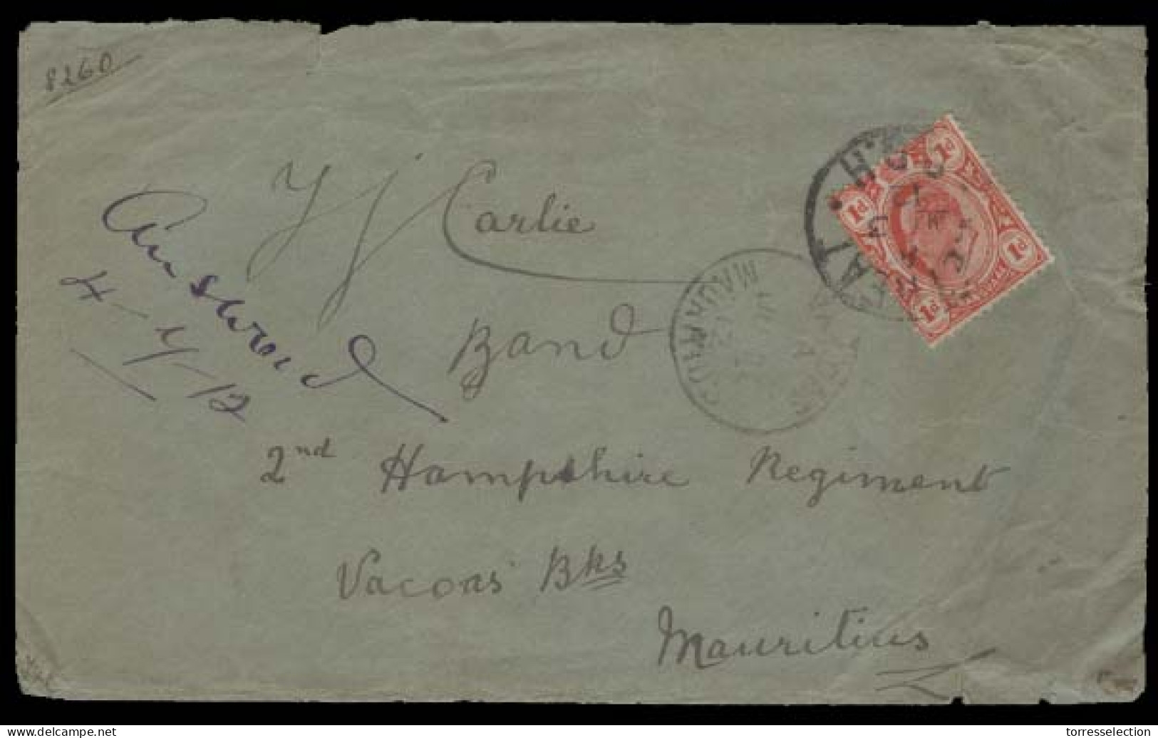 SOUTH AFRICA. 1912 (3 June). Transvaal EatHeat - Mauritius / Vacoas. Military Mail Intercolonial Fkd Env Arrival On Fron - Sonstige & Ohne Zuordnung
