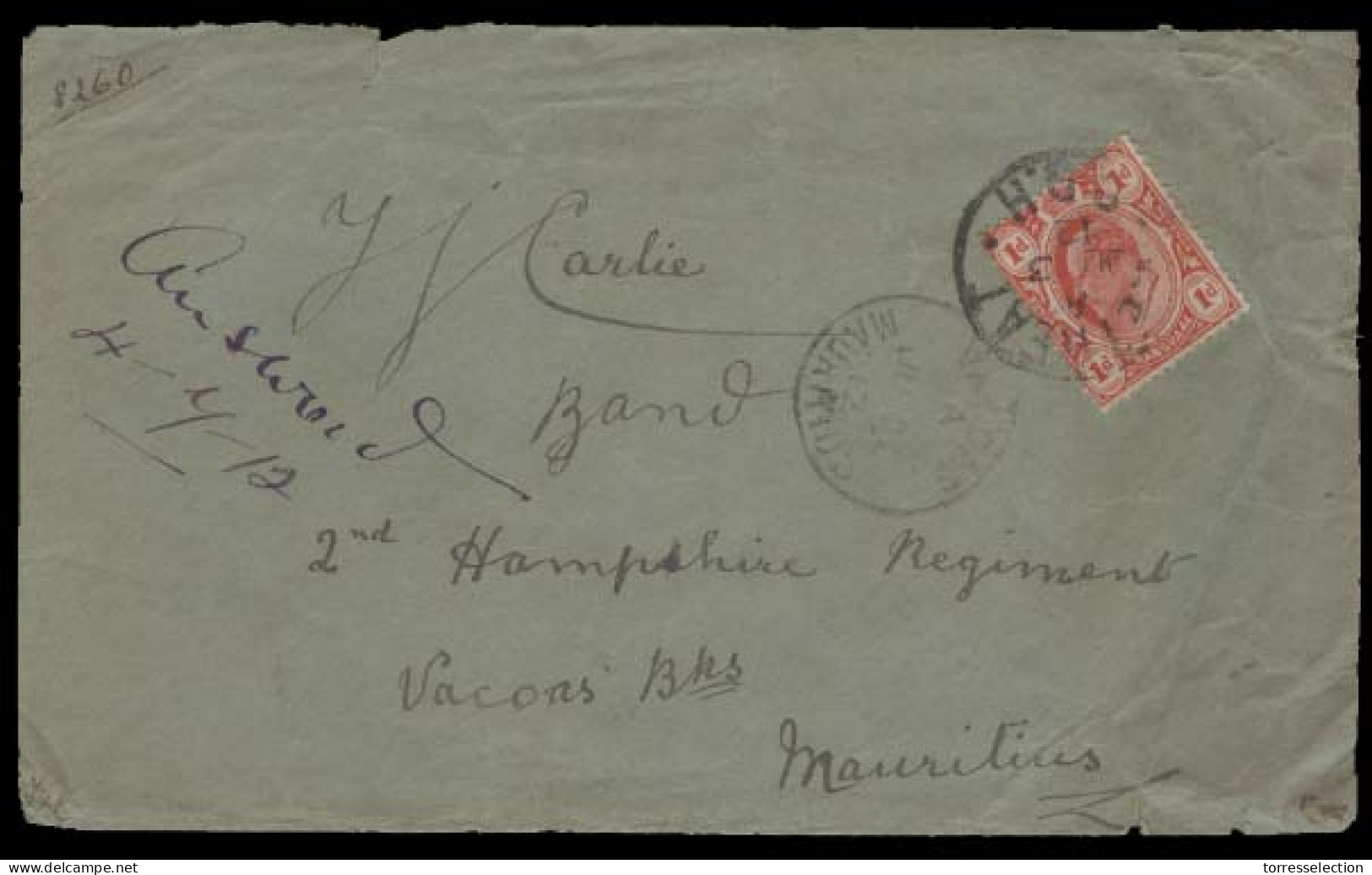 SOUTH AFRICA. 1912 (3 June). Transvaal EatHeat - Mauritius / Vacoas. Military Mail Intercolonial Fkd Env Arrival On Fron - Other & Unclassified