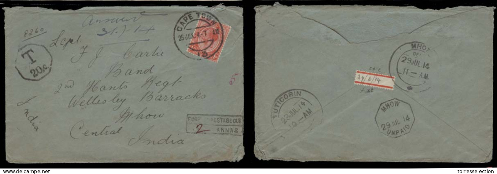 SOUTH AFRICA. 1914 (25 June). Cape Town - Mhow / India. Fkd Env + Taxed Octagonal T-20 + India P Due Box Mark All On For - Altri & Non Classificati