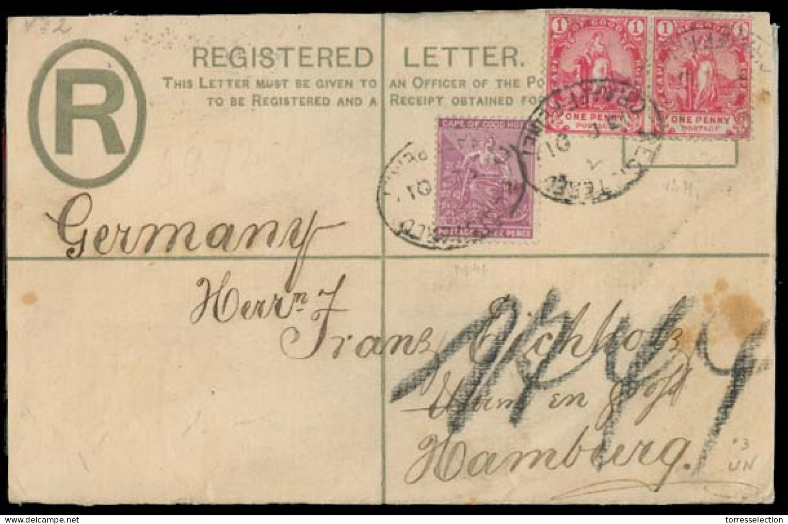 SOUTH AFRICA. 1902. Graaff Reinet - Germany. Reg 4d Stat Env + 3 Adtls. 9d Rate / Oval Ds + Arrival Reverse. - Altri & Non Classificati