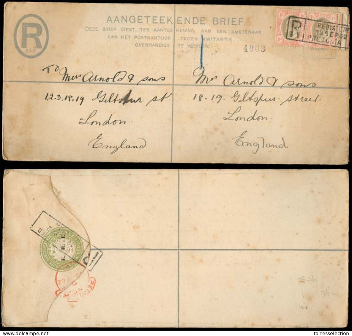 SOUTH AFRICA. 1902. Pretoria - UK. Reg ERI Ovptd Stat Env + 2 Adtls. Fine. - Sonstige & Ohne Zuordnung