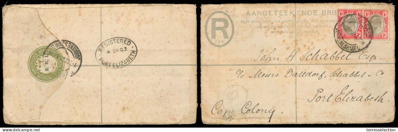 SOUTH AFRICA. 1903. Transvaal - Johannesburg - Port Elizabeth. Reg Ovptd ERI Stat Env + 2 Adtl. - Sonstige & Ohne Zuordnung