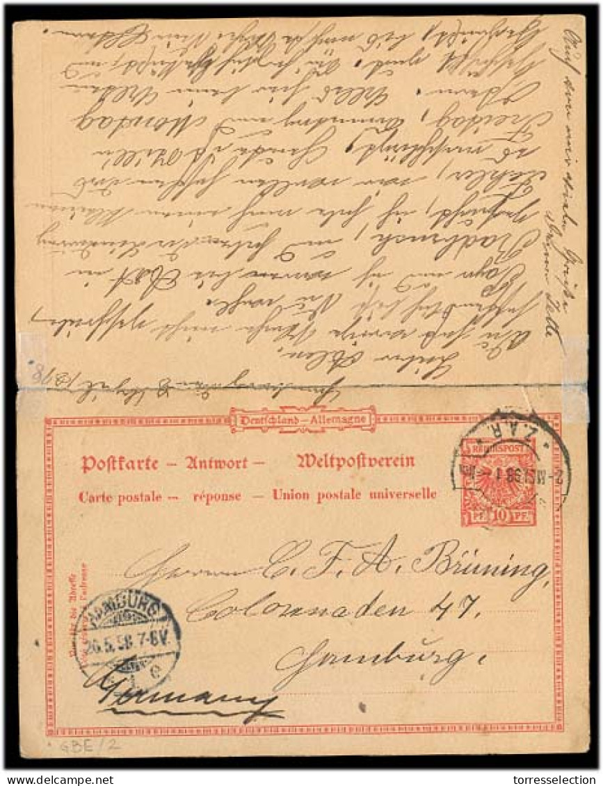 SOUTH AFRICA. 1898 (8 April). Germany - Transvaal (2 May) - Germany. A Doble Stat Card Usage Properly ZAR Used Back To H - Sonstige & Ohne Zuordnung