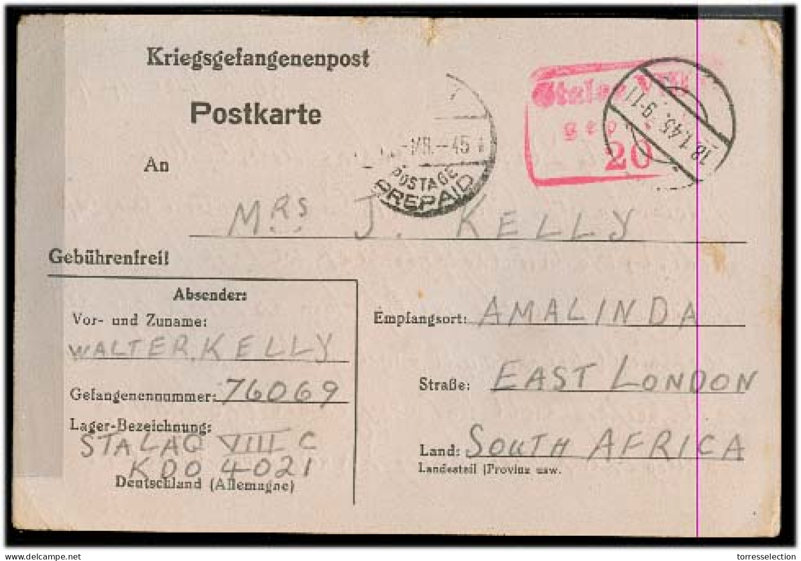 SOUTH AFRICA. 1945 (18 Jan). British POW In Germany To East London Card. - Sonstige & Ohne Zuordnung