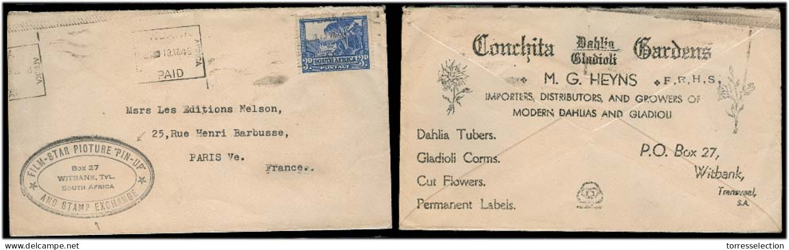 SOUTH AFRICA. 1948 (19 July). Witbank / Transvaal - France. Env + Cachet "Film - Star Picture" Pin - Up / And Stamp Exch - Other & Unclassified