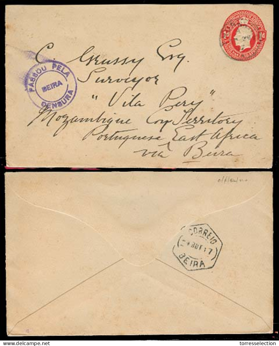 SOUTH AFRICA. 1917 (25 Sept). Thornhill - Mozambique Cº / Beira. 1d Red Stat Env + WW I Beira Censorship On Front (xxx)  - Other & Unclassified