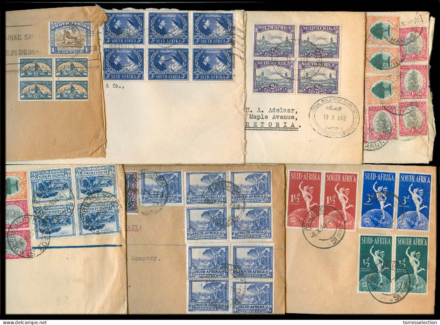 SOUTH AFRICA. 1935-48. Mail To UK. 8 Diff Massive Fkd Env / Reg / Blocks Multiples. - Other & Unclassified