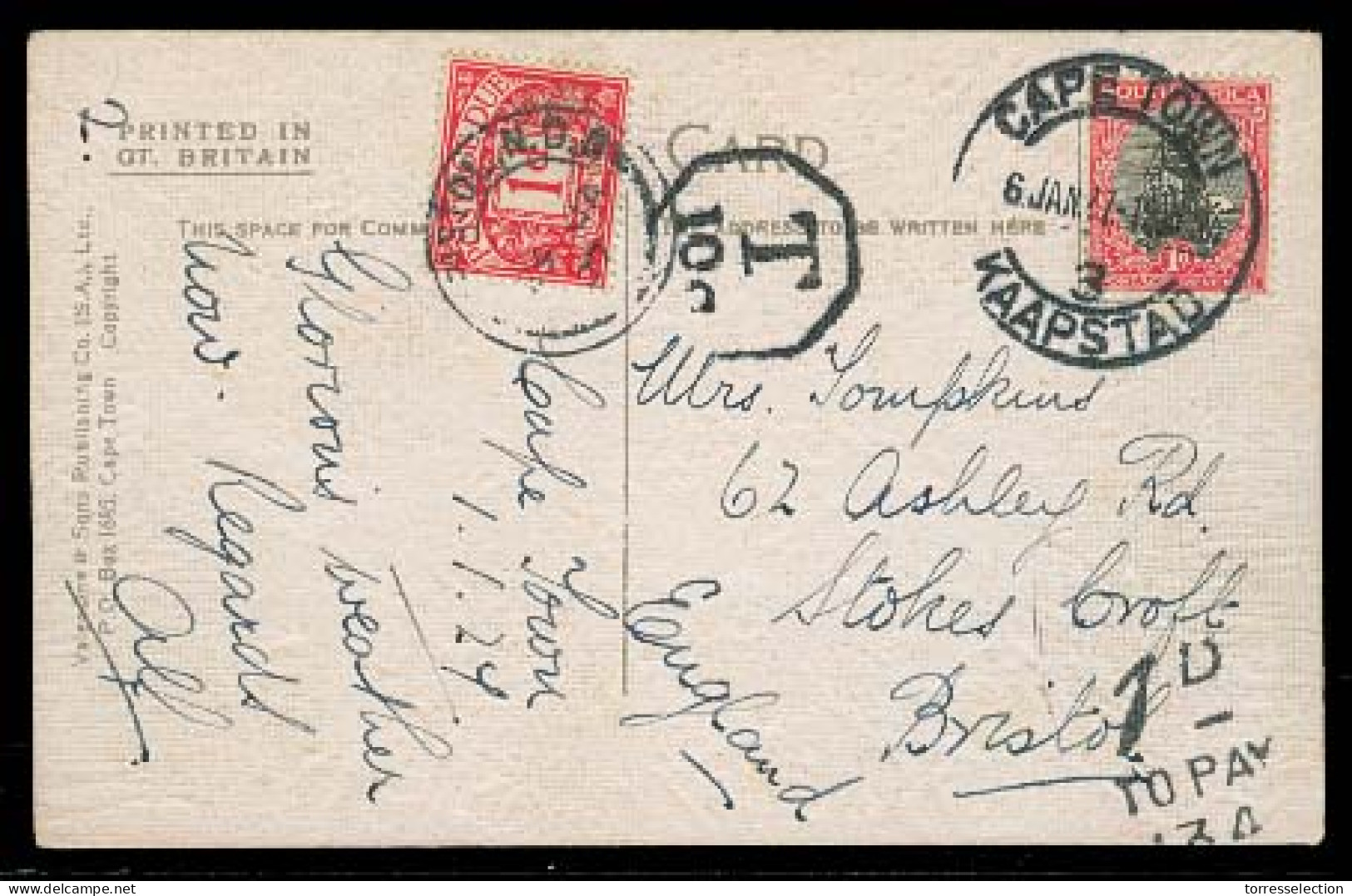 SOUTH AFRICA. 1927 (6 Jan). Capetown - UK / Bristol. Fkd PPC + Taxed + 1d P Due / Tied. Appealing Item. - Other & Unclassified