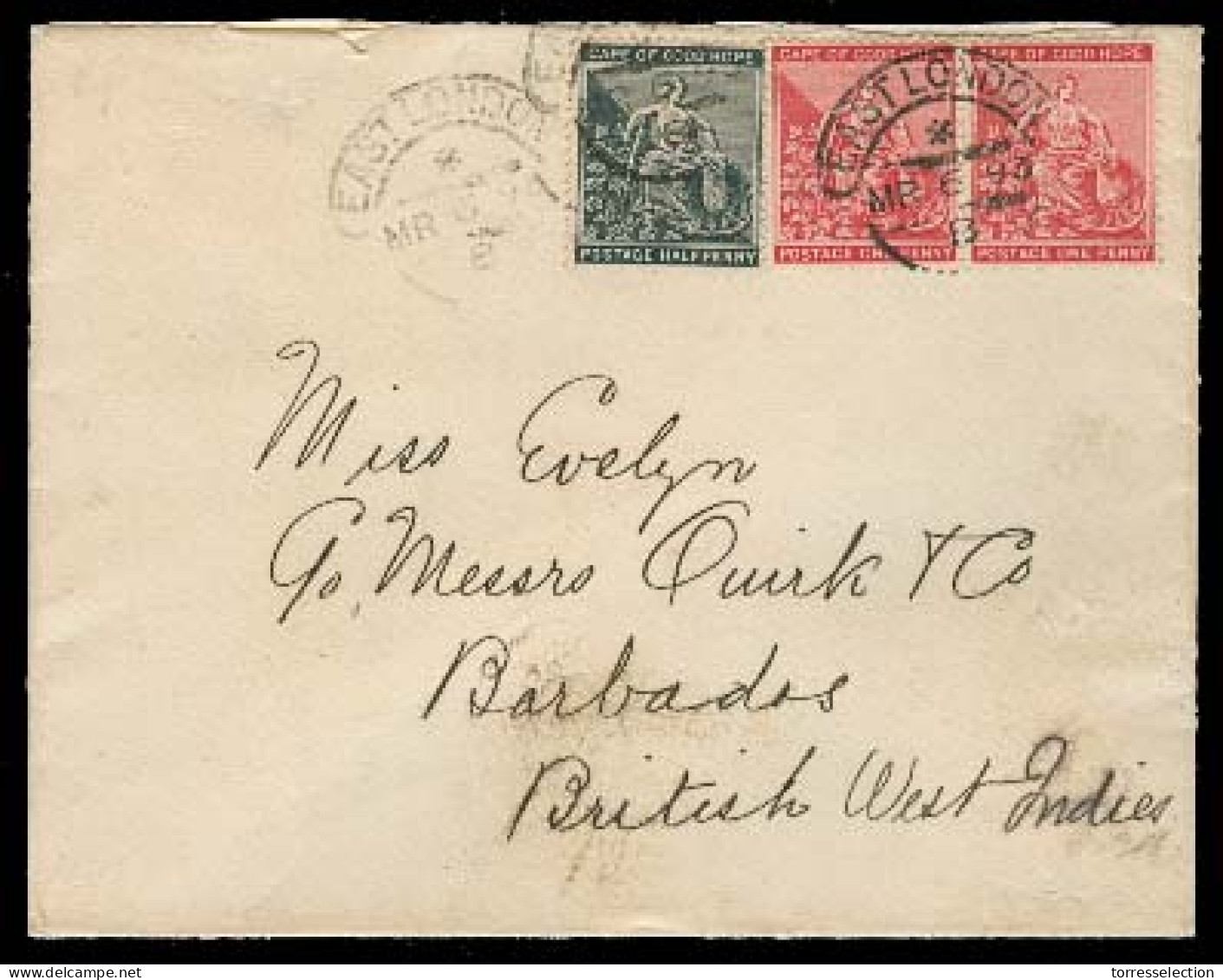 SOUTH AFRICA. 1893 (6 March). East London - Barbados (10Ap). Env Fkd CGH 1d X2 + 1/2d. With Arrival Cds. VF + Scarce Des - Other & Unclassified