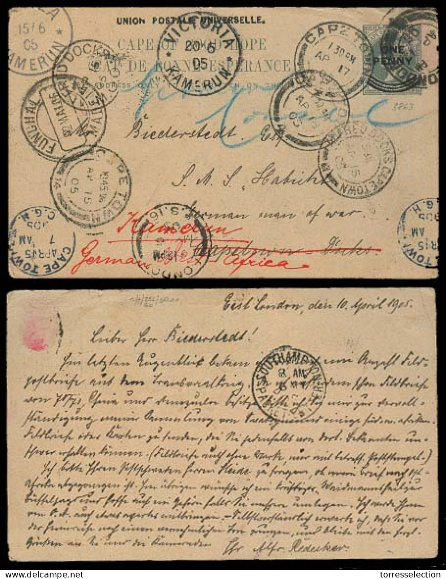 SOUTH AFRICA. 1905 (10 April). East London - Kamerun / GEA. Postal Stat With One Penny Stamp, Sent From East London AP 1 - Other & Unclassified