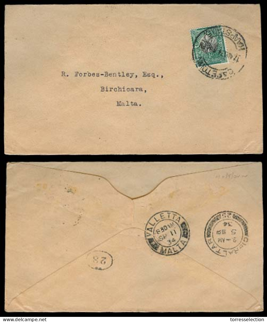 SOUTH AFRICA. 1934. Cape Town - Malta. Fkd Env Printed Matter Rate Via Gibraltar + Arrival Cds Reverse. Ilustrative Item - Other & Unclassified