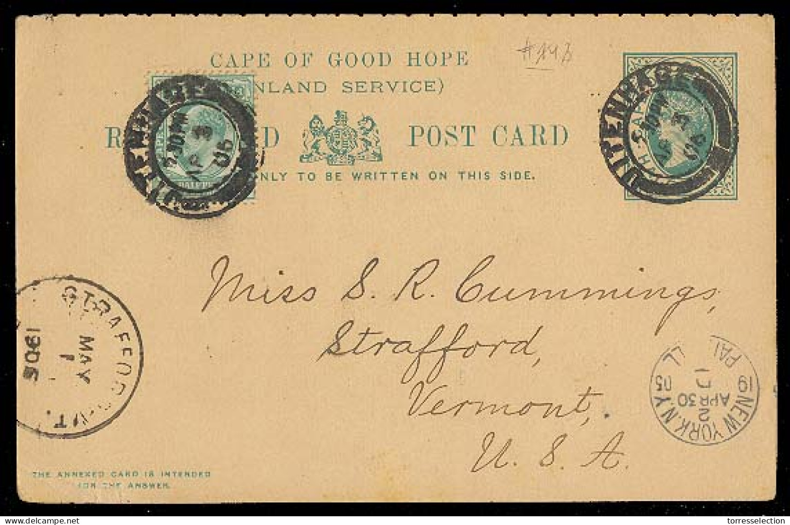 SOUTH AFRICA. 1905. CGH. To USA 1/2d Green Stat Card + Adtl. Mixed Issues. VF. - Other & Unclassified