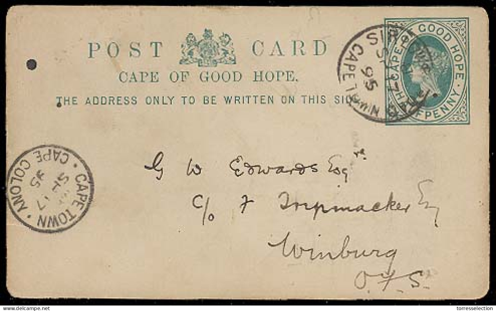 SOUTH AFRICA. 1895. CGH. Stat Post Card From Cape Town, Single Circle Departure Postmark To Winberg Single Circle Arriva - Other & Unclassified