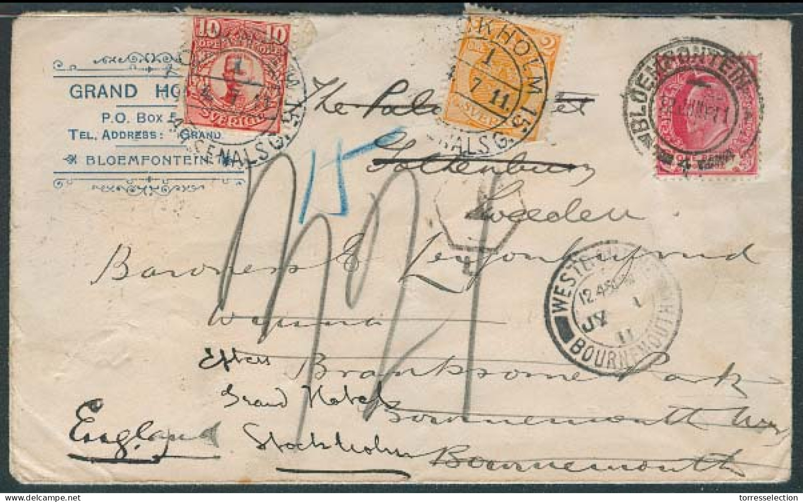 SOUTH AFRICA. 1911. CGH / Bloemfountein - Sweden. Fkd Printed Env + Taxed + Fwded + 2 Swedish Stamp 12 Ore Rate. VF Comb - Other & Unclassified