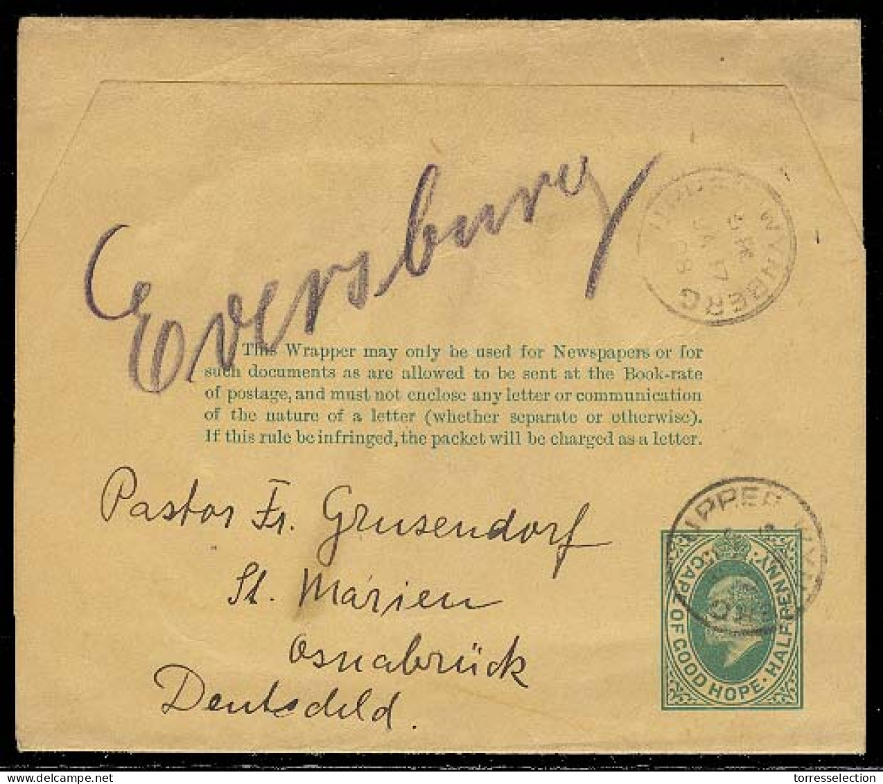 SOUTH AFRICA. 1908. CGH. Upper Wynberg - Germany. 1/2d Wrapper. Fine Used. - Other & Unclassified