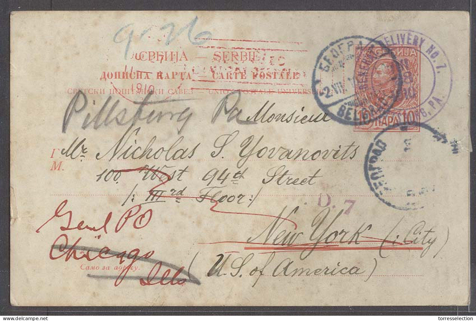 SERBIA. 1910 (2 July). Belgrade - USA, NY (28 July) Fwded Locally 10p Stat Card. Fine Used Aux Cachets Itm With Characte - Serbie