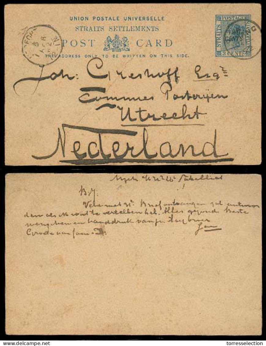 STRAITS SETTLEMENTS SINGAPORE. 1892 (16 March). 2c / 3c Stat Card Used From Indonesia. Atjeh - Netherlands. Via Penang ( - Singapore (1959-...)