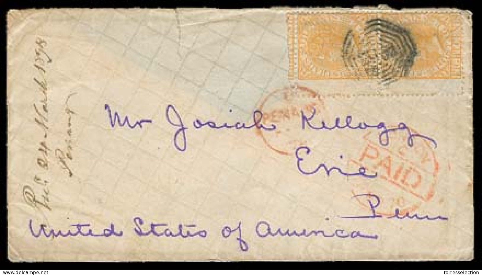 STRAITS SETTLEMENTS SINGAPORE. 1878 (Feb). Penang - USA / Erir / Pa. Fkd Env US Sailor Correspondence Item. Via London - - Singapore (1959-...)