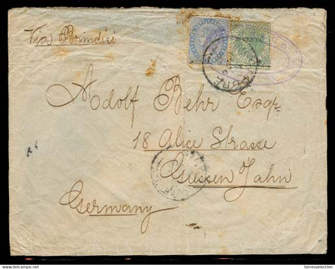 STRAITS SETTLEMENTS SINGAPORE. 1892 (26 Jan). Singapore - Germany. Fkd Env 5c + 10c Green Ovptd, Tied Cds + Oval Violet  - Singapore (1959-...)