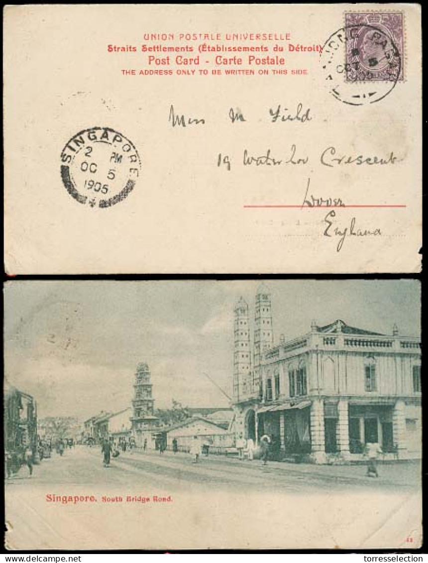 STRAITS SETTLEMENTS SINGAPORE. 1905 (5 Oct). Tanjong - Pagar - UK. Via Sing Cds. Fkd PPC. - Singapur (1959-...)