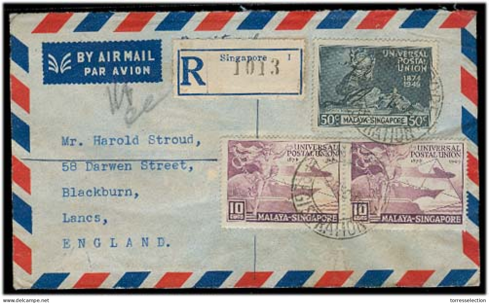 STRAITS SETTLEMENTS SINGAPORE. 1949 (2 Dec). Singapore - UK / Lanc. Air Reg Multifkd Malaga - Singapore Issue UPU Env. F - Singapur (1959-...)